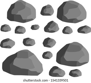 Set of gray granite stones of different shapes. Cartoon flat illustration. Element of nature, mountains, rocks, caves. Minerals, boulder and cobble