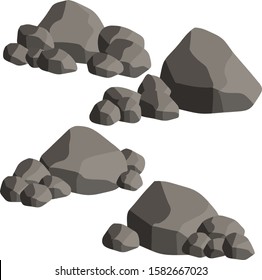 Set of gray granite stones of different shapes. Minerals, boulder and cobble. Cartoon flat illustration. Element of nature, mountains, rocks, caves. Barrier, wall and fence.