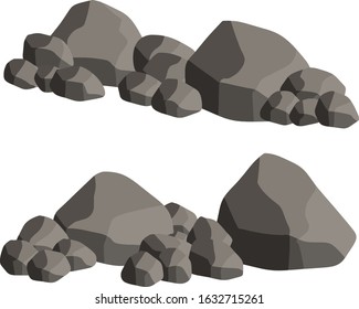Set of gray granite stones of different shapes. Minerals, boulder and cobble. Element of nature, mountains, rocks, caves