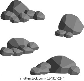 Conjunto de piedras de granito gris de diferentes formas. Minerales, rocas y adoquines. Elemento de naturaleza, montañas, rocas, cuevas. Ilustración plana