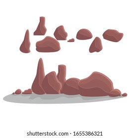 Conjunto de piedras de granito gris de diferentes formas. Dibujo plano de caricatura. Elemento de naturaleza, montañas, rocas, cuevas. Minerales, roscas y adoquines