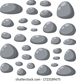 Set of gray granite stones of different shapes. Element of nature, mountains, rocks, caves. Flat illustration. Minerals, boulder and cobble
