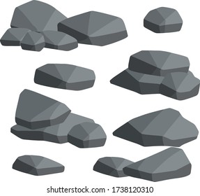 Set of gray granite stones of different shapes. Flat illustration. Minerals, boulder and cobble. Element of nature, mountains, rocks, caves
