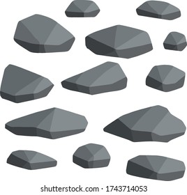 Set of gray granite stones of different shapes. Flat illustration. Minerals, boulder and cobble. Element of nature, mountains, rocks, caves