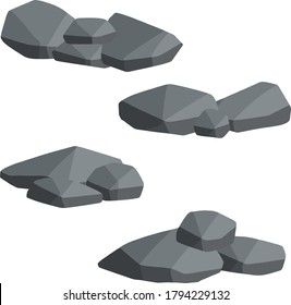 Set of gray granite stones of different shapes. Flat illustration. Minerals, boulder and cobble. Element of nature, mountains, rocks, caves