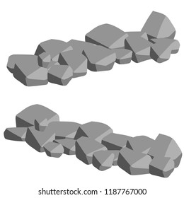 Set of gray granite stones. Element of mountains, rocks and nature. A strong wall of cobblestone.

