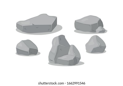 Set of gray granite stones of various 3d shapes. Graphite rock, coal and rocks on white background. Gray stone pile, cartoon icons. Vector illustration, EPS 10.