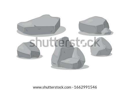 Set of gray granite stones of various 3d shapes. Graphite rock, coal and rocks on white background. Gray stone pile, cartoon icons. Vector illustration, EPS 10.