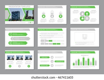 Set of gray and green template for multipurpose presentation slides. Leaflet, annual report, book cover design.