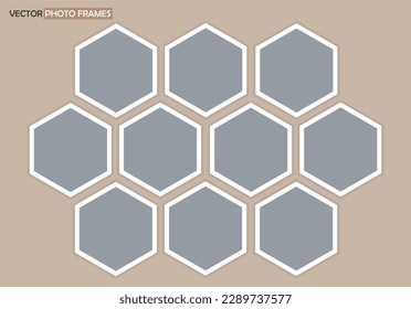 Set of gray hexagons honeycomb with white frame. 10 Empty templates with place for design, photo, albums, collages. Vector Mockup on beige background. EPS10. 