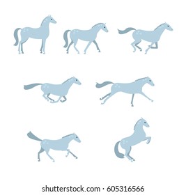 Set with gray horse run, stay and steps. Horse in different poses. Vector flat illustration.