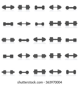 A set of gray icons dumbbell with mirror reflection isolated on white background, vector illustration.