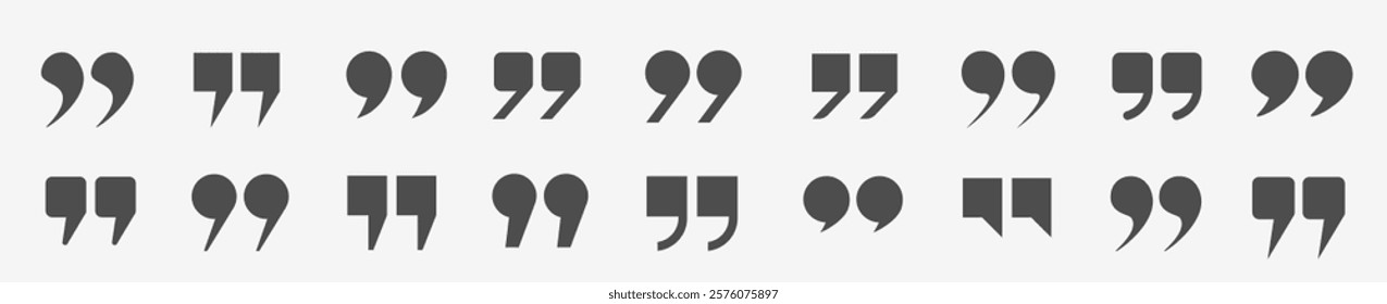 A set of gray icons in the form of quotation marks on a light background. A set of quotation marks, isolated round and square vector icon in the form of a comma. Vector EPS 10.