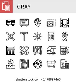 Set of gray icons such as Calculator, Bus, Resize, Placeholder, Heated towel rail, Pound, Wiper, Electric meter, Sticker , gray