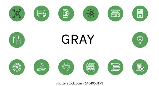 Set of gray icons such as Pound, Bus, Play button, Computer tower, Sticker, Placeholder, Electric meter, Towel rail, Calculator , gray