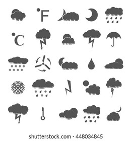 A set of gray icons weather isolated on white background, clear and cloudy, rain and snow, vector illustration.