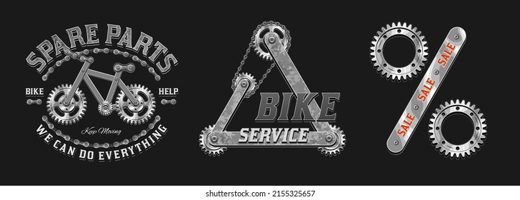 Set of gray labels for repair bicycle service in vintage steampunk style. Label made with silver steel gears, metal rails, rivets, bike chain. Vector illustration, t shirt design.