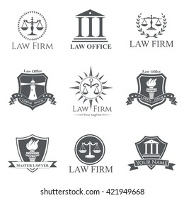 Set of gray law office services labels, logos, signs and symbols isolated on white background