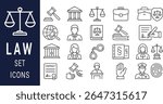 A set of gray line art icons depicting various legal symbols including scales, gavels, judges, and legal documents. Simple line style on white background.