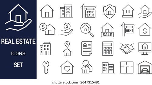 A set of gray line art icons depicting various real estate related objects such as houses, buildings, keys, money symbols, and sale signs. The style is simple and consistent.