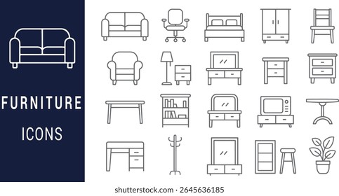 A set of gray line icons depicting various furniture pieces including sofas, chairs, beds, wardrobes, tables, desks, and other home and office furniture. Simple line style.