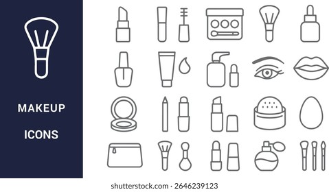 Um conjunto de ícones de linha cinza que retratam vários produtos e ferramentas de maquiagem, incluindo batom, rímel, paletas de sombra de olho, pincéis e muito mais. Estilo de linha simples.