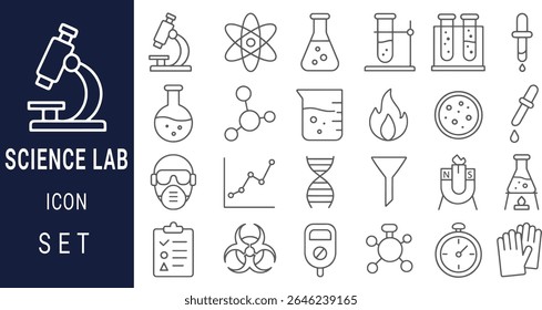 Um conjunto de ícones de linhas cinzas que retratam vários equipamentos e conceitos do laboratório de ciências, incluindo microscópio, copos, tubos de teste e moléculas. O estilo é simples e linear.