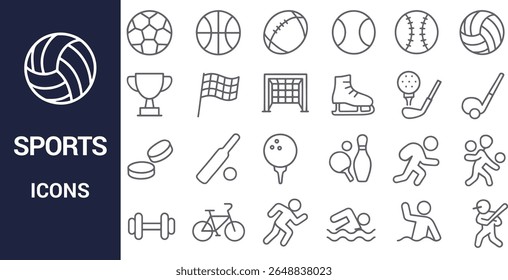A set of gray line icons depicting various sports balls, equipment, and activities on a white background. Simple line style.
