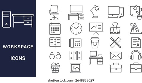 A set of gray line icons depicting various office objects and tools arranged on a white background simple style