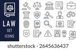 A set of gray line icons related to law and justice including scales gavel book and other legal symbols. Simple line art style on white background.