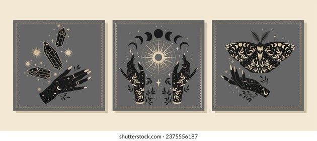 Set of gray magic posters. Woman hands, sun, moon, stars, butterfly, floral elements, sacred geometry.  Vector golden illustration