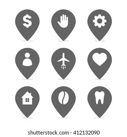 set of the gray map point hand with pointer icon plane people tooth house