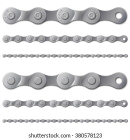 Set of gray metal bicycle chain, isolated on white, vector illustration