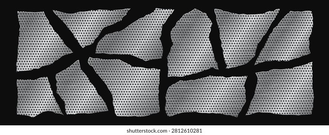 Set of gray metal mesh vector elements with torn edges and ripped texture. Steel grid fragments, strips, patches, and frames isolated on black background.