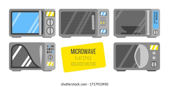 Set of gray microwave ovens in flat style. Vector isolated image of household appliances.