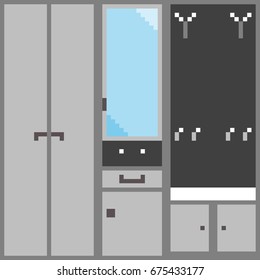 A set of gray modular furniture for the hallway in pixel style. Each module can be used for illustration separately