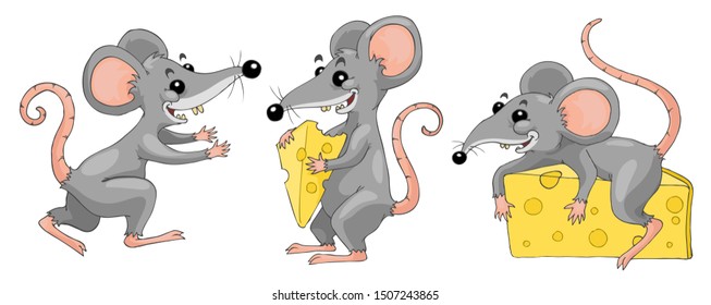 Set of gray mouse on a piece of cheese. Colection cartoon isolated illustration of a gray mice with cheese.