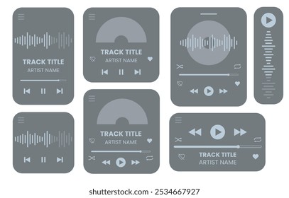 Set of gray music media player interface template. Music player vector design. Graphic mediaplayer panel template for mobile app. Modern playback of music application. Vector Illustration.