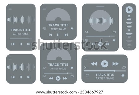 Set of gray music media player interface template. Music player vector design. Graphic mediaplayer panel template for mobile app. Modern playback of music application. Vector Illustration.