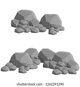 Set of gray natural stones. Element of mountains, forests and caves. Low wall and barrier. The element of the fence and blocks and boulders.