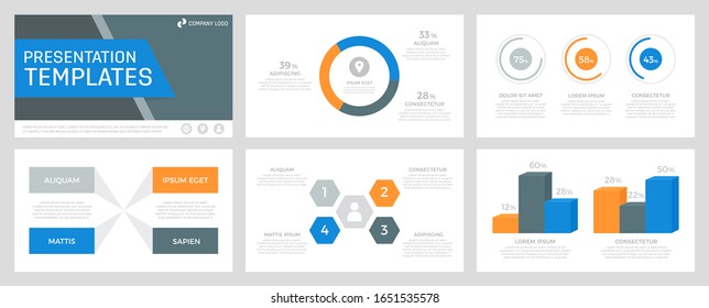 Set of gray, orange, blue elements for multipurpose presentation template slides with graphs and charts.