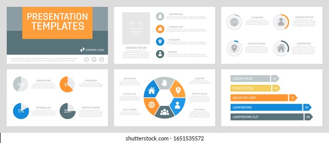 Set of gray, orange, blue and yellow elements for multipurpose presentation template slides with graphs and charts.
