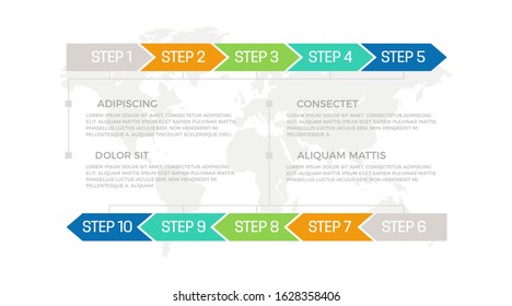Set of gray, orange, green, turquoise and blue elements for infographic with world map presentation slides.