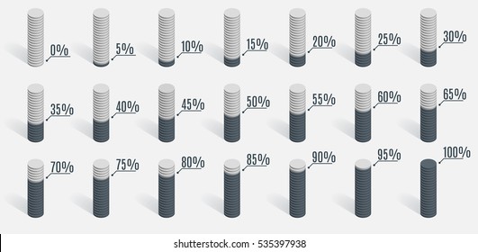 Set of gray percentage charts for infographics, 0 5 10 15 20 25 30 35 40 45 50 55 60 65 70 75 80 85 90 95 100 percent. Vector illustration.