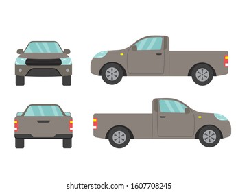 Set of gray pickup truck single cab car view on white background,illustration vector,Side, front, back