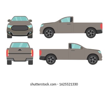 Set of gray pickup truck single cab car view on white background,illustration vector,Side, front, back