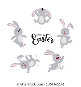 Set of  gray rabbits in different pose. Happy Easter day concept. Funny cartoon character design. Vector illustration isolated on white background.