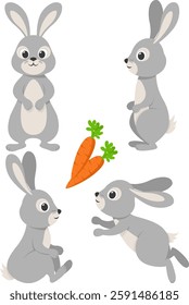 Set of gray rabbits in different poses on a white background. Hare character. Easter bunny