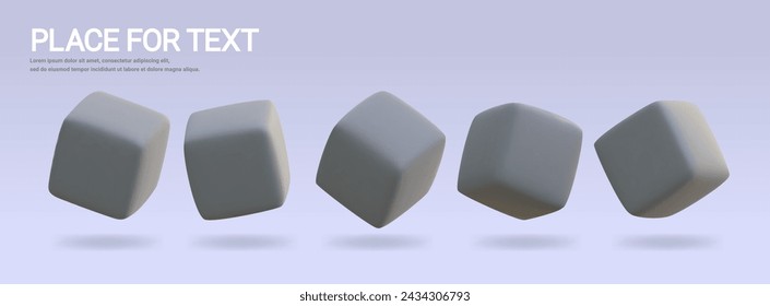 Conjunto de cubos cuadrados realistas grises con esquinas suaves. Ilustración vectorial 3d sobre fondo gris.