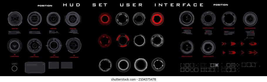 Set of gray and red circles futuristic HUD elements. Targets for navigation. Game interfaces and technologies HUD, UI. Panel with circles on black background